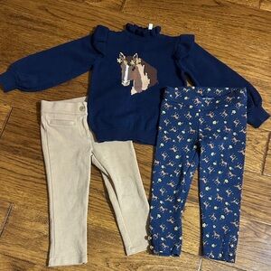 3 piece Navy Horse Sweater and 2 pairs of leggings